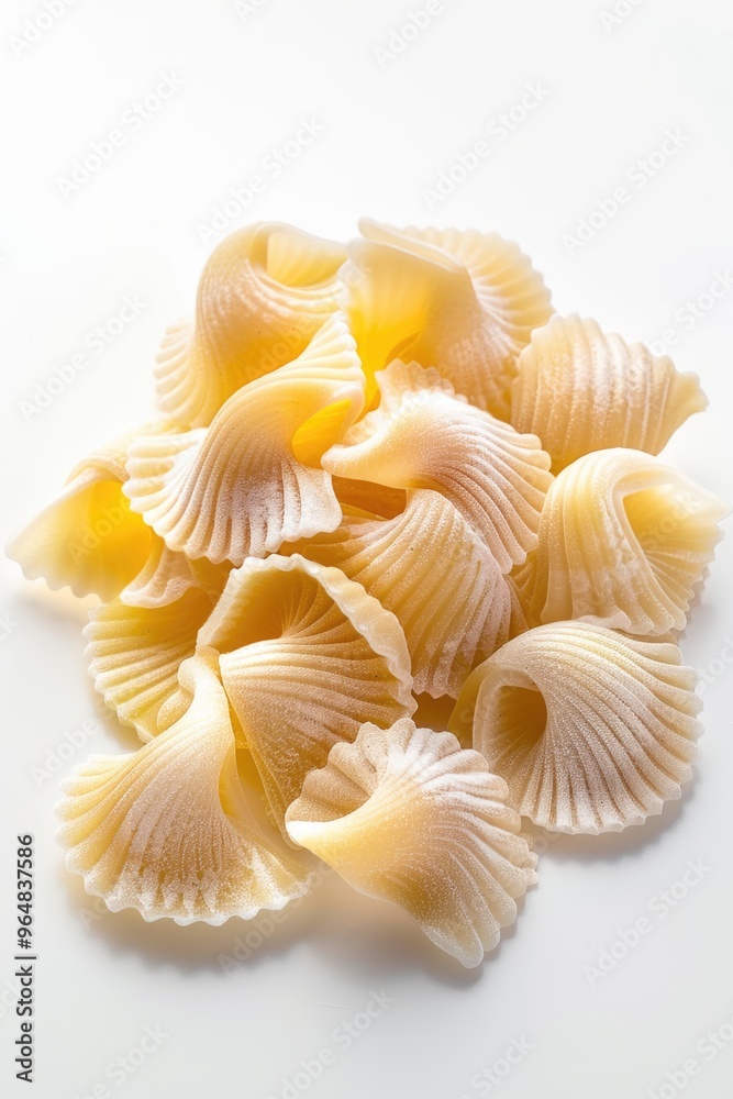 A stack of pasta shells on a white background, great for food or kitchen-related use