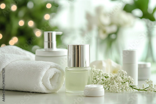 Spa-like scene with skincare bottles, white towel, and flowers with copy space