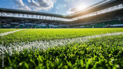 A soccer field with a white line down the middle