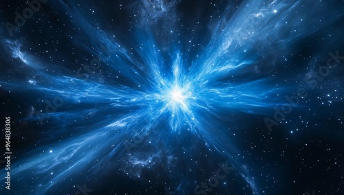 A digital illustration of an exploding star sits on an abstract blue background