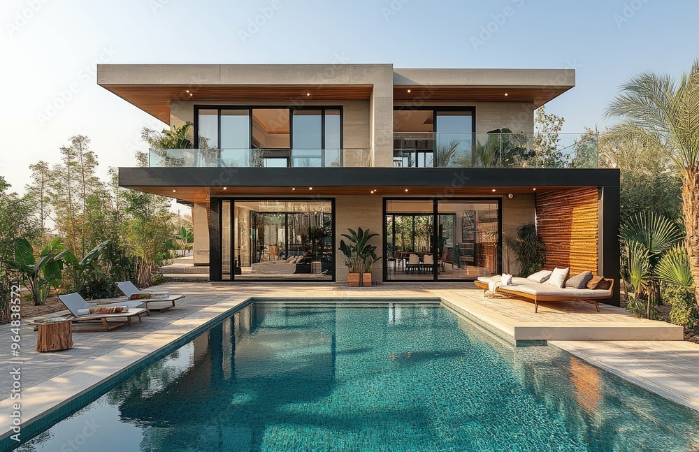 Luxury home with pool and plam trees. Created with Ai Luxury home with pool and plam trees. Created with Ai