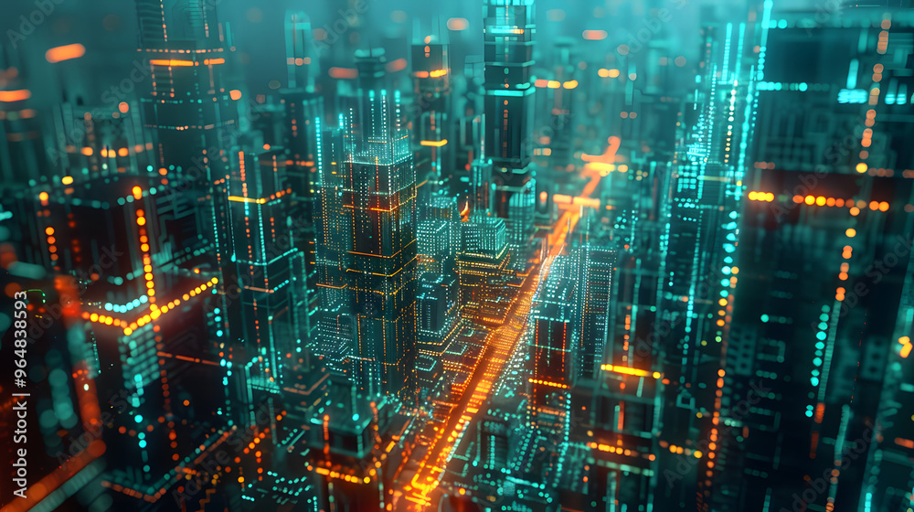 Obraz premium Nanoscale cityscape where skyscrapers act as data processors and streets glow with information flow 