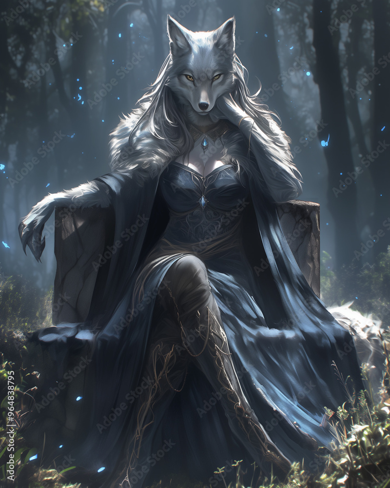 mysterious white wolf beastfolk queen sitting in a forest throne surrounded by butterflies and moonlight mysterious white wolf beastfolk queen sitting in a forest throne surrounded by butterflies and moonlight