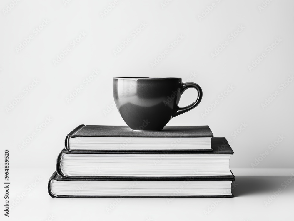 Black-and-white photograph of books with a coffee cup on top, against a white background, with high contrast and a minimalist aesthetic. This award-winning photography piece. Black-and-white photograph of books with a coffee cup on top, against a white background, with high contrast and a minimalist aesthetic. This award-winning photography piece.