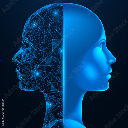 Human versus digital copy. Polygonal design of lines and dots. Blue background.