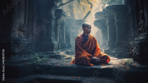 a serene monk sitting cross-legged in the style of lomography, subtle meditative color contrasts, with rays of dark orange light piercing through blue mist, an ancient temple ruin covered