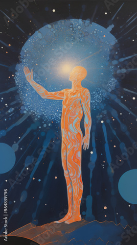 a meditative figure in the style of lomography, standing with an outstretched hand in a cosmic dance, glowing dark orange and light blue hues, luminous shadows cast around the body, heart
