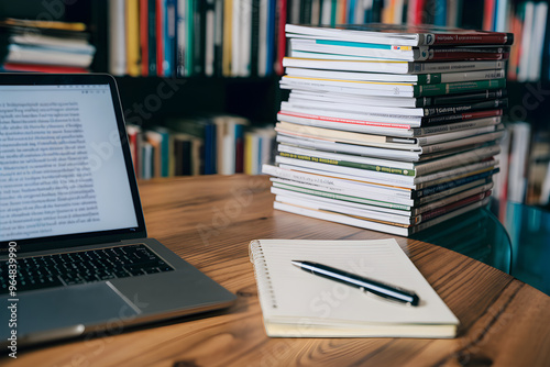 Workspace with laptop, notepad, pen, and stacked magazines near bookshelf