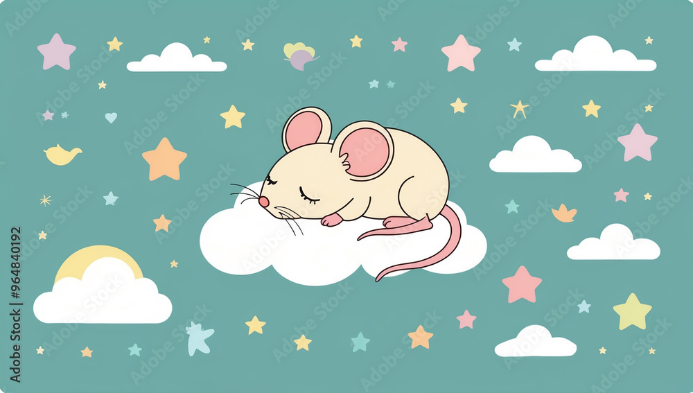 Little cartoon mouse sleeping on a cloud, flat design illustration Little cartoon mouse sleeping on a cloud, flat design illustration