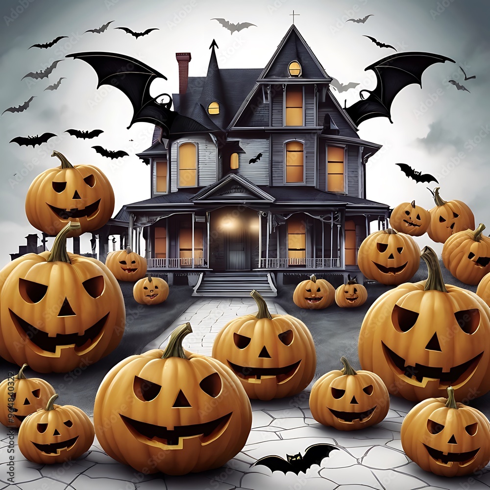 Fototapeta premium A poster for Halloween with bats and the Haunted House on white background, dark haunted house with illuminated windows at spooky misty dark Halloween night