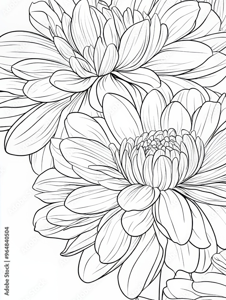 The black and white digital line art illustration depicts autumn blooms on chrysanthemums The black and white digital line art illustration depicts autumn blooms on chrysanthemums