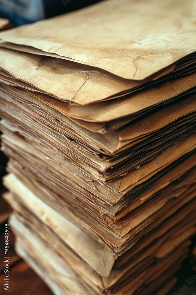 Naklejka premium Brown paper stack on wooden table