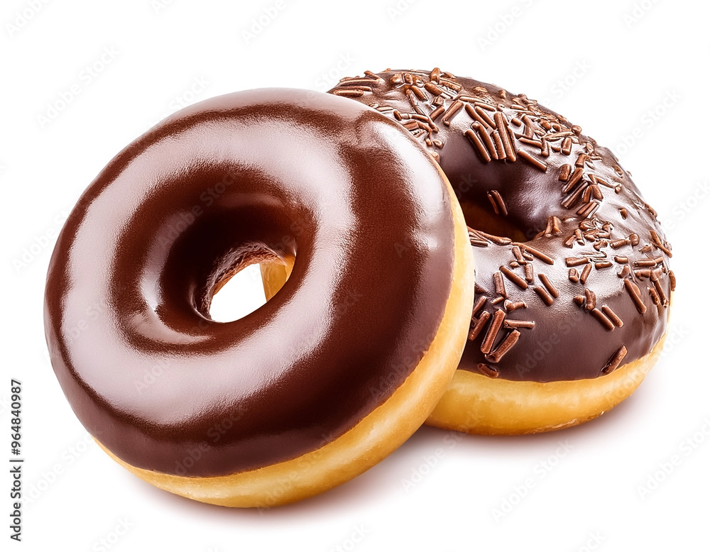 Donut or Doughnut. Two Donuts or Doughnuts with chocolate brown glazed cream or icing without sprinkles. , isolated on white background Donut or Doughnut. Two Donuts or Doughnuts with chocolate brown glazed cream or icing without sprinkles. , isolated on white background