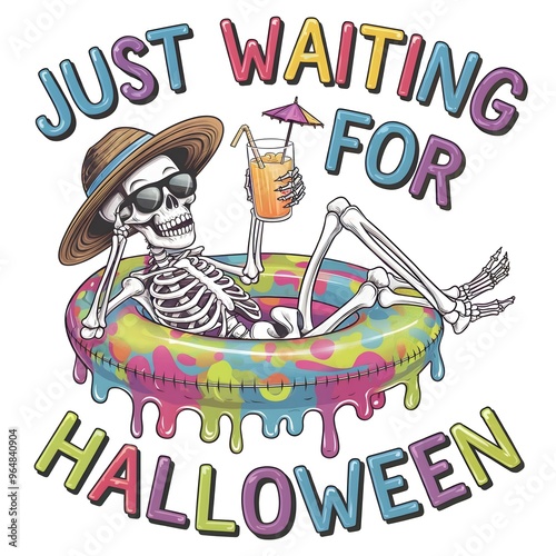 vibrant and whimsical vector illustration of a skeleton lying on a dripping colorful swimming float, waiting for Halloween in a fun summersetting. The skeleton photo