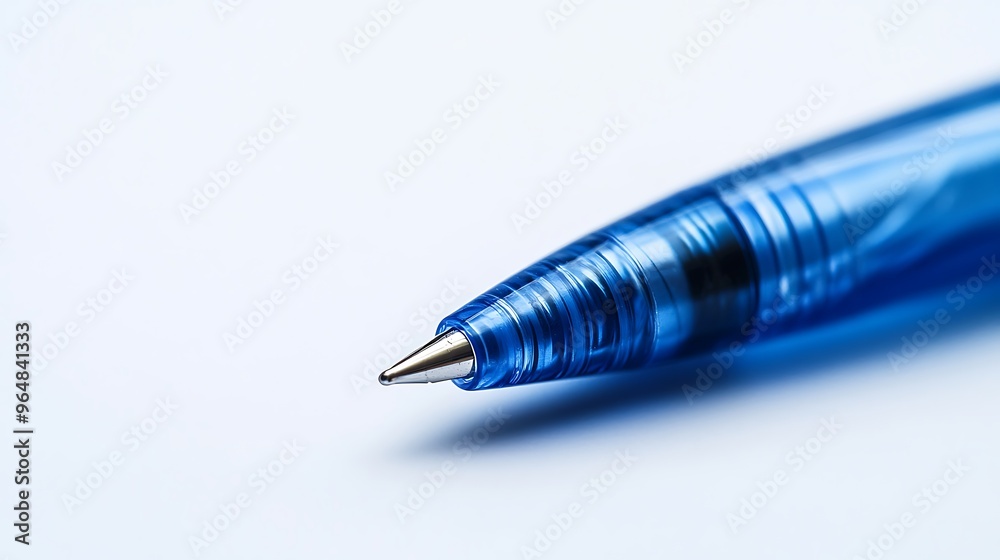 A macro shot of a blue ballpoint pen, captured in crisp detail on a white background. A macro shot of a blue ballpoint pen, captured in crisp detail on a white background.