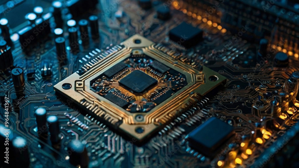 Fototapeta premium Concept of artificial intelligence. Futuristic circuit board technology background with central processors, complex neural networks, integrated chips, intricate connections, symbolic brain, advanced a