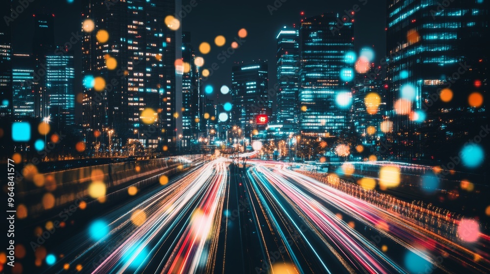 In this line art illustration, streaming data is demonstrated through long exposure effects and light trails related to communication management technology In this line art illustration, streaming data is demonstrated through long exposure effects and light trails related to communication management technology