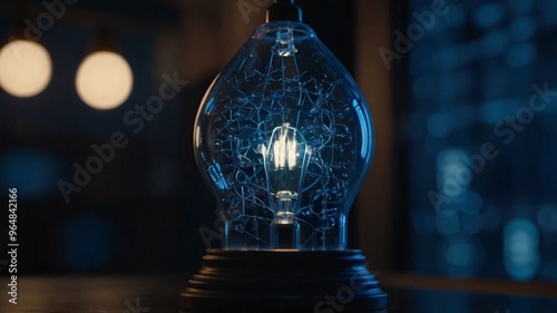 AI technology pulses inside a glass bulb. Radiant dark blue hues illuminate intricate digital circuits, evoking futuristic energy, intelligence, innovation, illumination, complexity, artificial networ photo