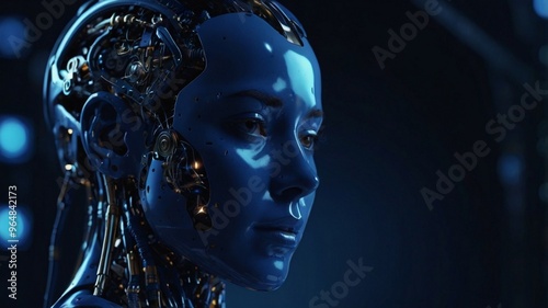 Concept of artificial intelligence, showcasing a futuristic visualization of big data. A blue wave of cyber technologies flows alongside a robotic humanoid face, symbolizing digital evolution photo