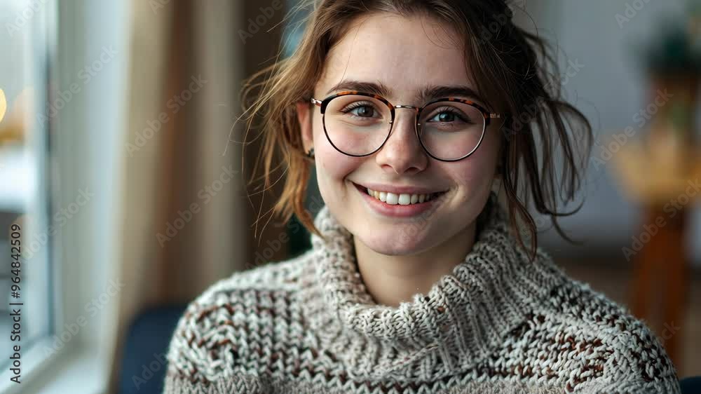 A young woman smiles warmly while wearing a cozy sweater and glasses near a window during the afternoon A young woman smiles warmly while wearing a cozy sweater and glasses near a window during the afternoon