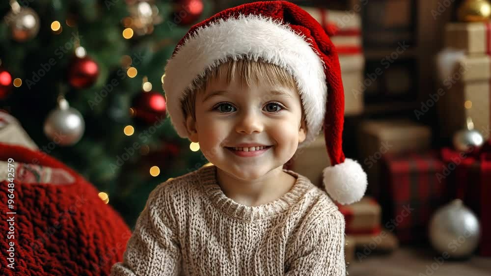 Cheerful child in a festive sweater and Santa hat surrounded by Christmas decorations and gifts Cheerful child in a festive sweater and Santa hat surrounded by Christmas decorations and gifts