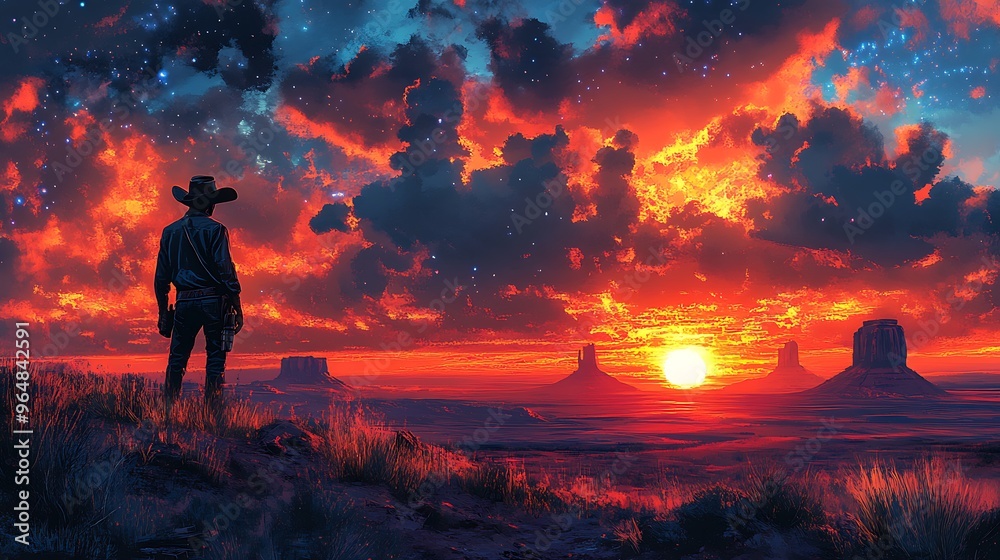 A lone cowboy stands silhouetted against a fiery sunset in the American Southwest, with towering mesas in the distance and a sky filled with stars. A lone cowboy stands silhouetted against a fiery sunset in the American Southwest, with towering mesas in the distance and a sky filled with stars.
