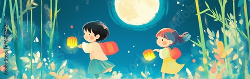 Playful Kids Holding Lanterns in a Bamboo Grove
