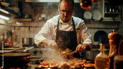 A chef skillfully prepares traditional meatballs in bustling kitchen, surrounded by steam and culinary tools, creating warm and inviting atmosphere.