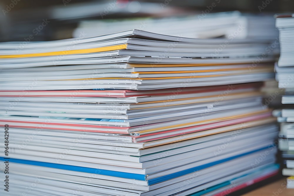 Colorful magazines stacked, blurred background hints objects, vibrant edges stand out Colorful magazines stacked, blurred background hints objects, vibrant edges stand out