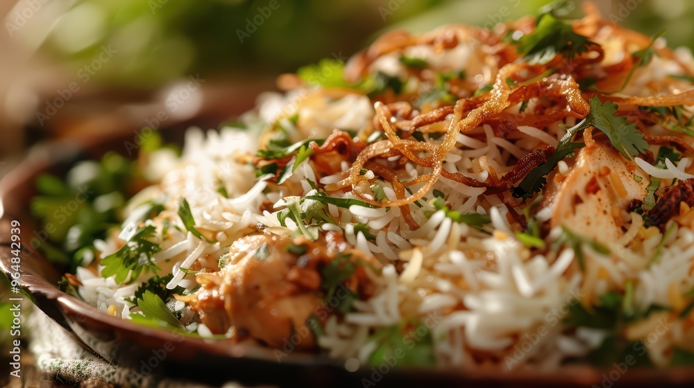 Delicious biryani garnished with fresh herbs and crispy onions, served in a traditional dish, perfect for food lovers and gatherings. Delicious biryani garnished with fresh herbs and crispy onions, served in a traditional dish, perfect for food lovers and gatherings.