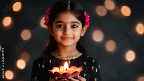 Girl Holding Diya Amidst Festive Lights