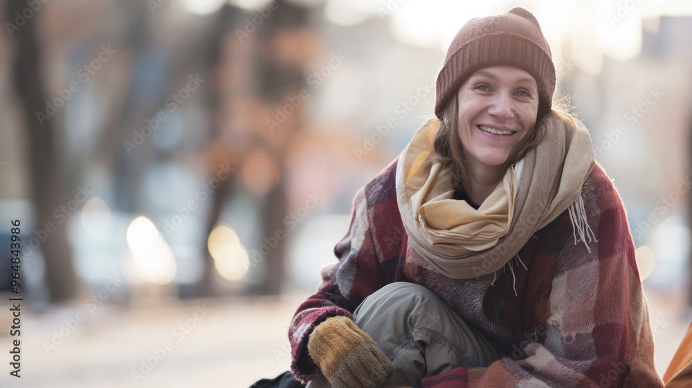 Smiling homeless woman wearing a brown beanie and a patchwork coat sitting outdoors. Blurred urban background with people and trees Smiling homeless woman wearing a brown beanie and a patchwork coat sitting outdoors. Blurred urban background with people and trees