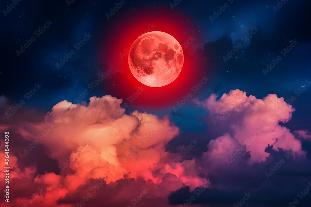 Vibrant red moon in deep blue space, fiery clouds below, celestial scene Vibrant red moon in deep blue space, fiery clouds below, celestial scene