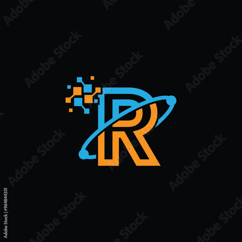 Digital letter R logo, R tech logo design template, R logo branding