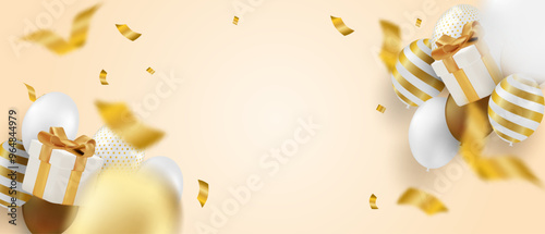 Happy Birthday celebration card. Design with gold balloons and gift box. luxury gold soft background. vector.