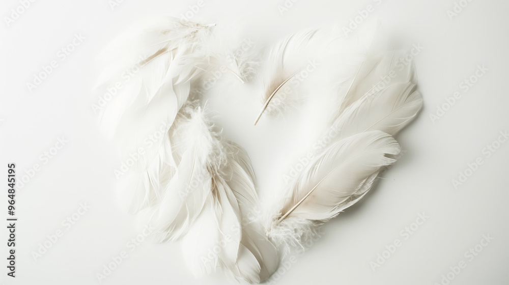 Heart shape made of white feathers arranged on clean background, soft beauty, love, nature, elegance concept Heart shape made of white feathers arranged on clean background, soft beauty, love, nature, elegance concept