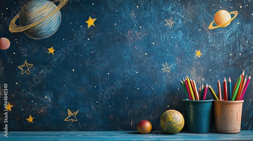 A school desk featuring a detailed drawing of planets and stars, set against a blue wall, creating a cosmic and educational atmosphere. Perfect for themes related to education, creativity, and space. photo