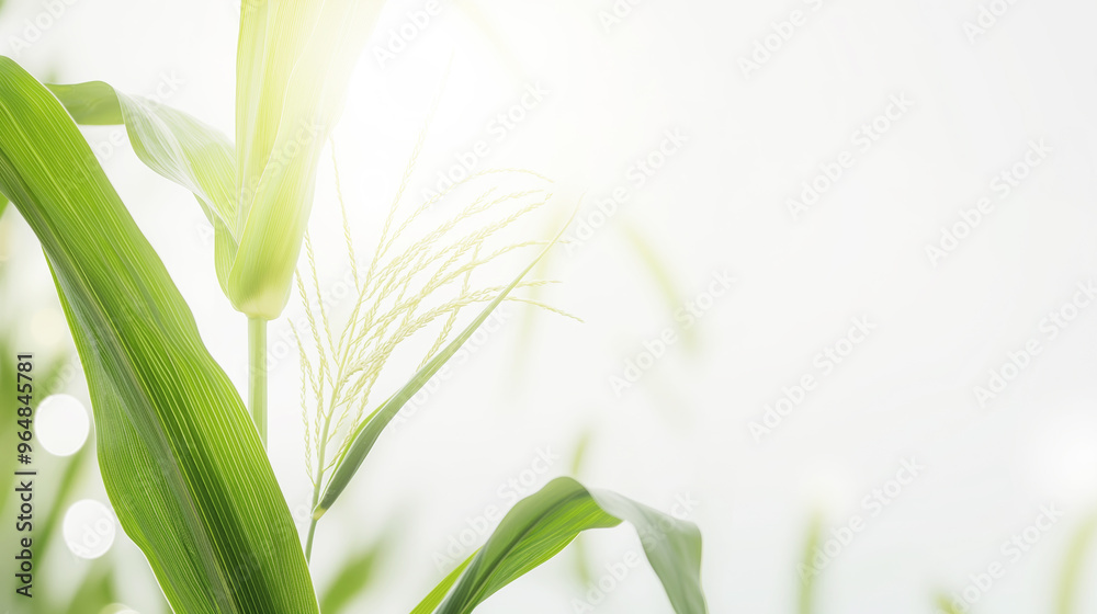 Corn plant with green leaves and stalks in sunlight, agriculture concept Corn plant with green leaves and stalks in sunlight, agriculture concept