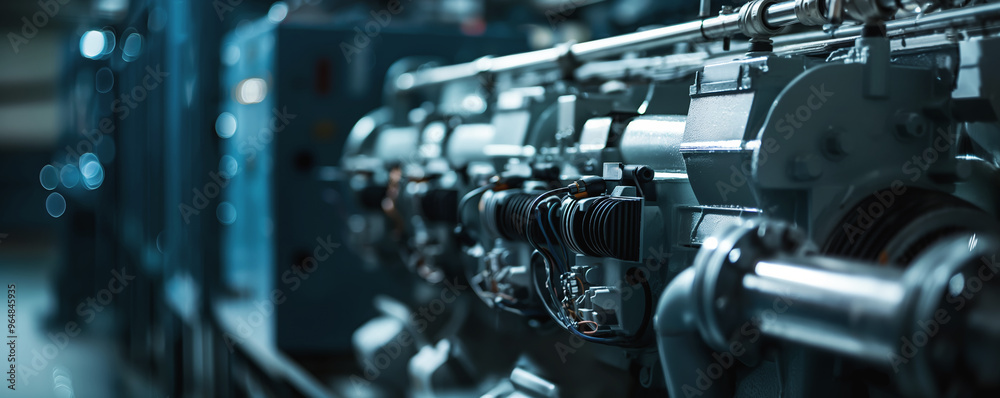 Obraz premium Industrial machinery close-up, detailed view, metallic components, engineering precision, technology and manufacturing concept