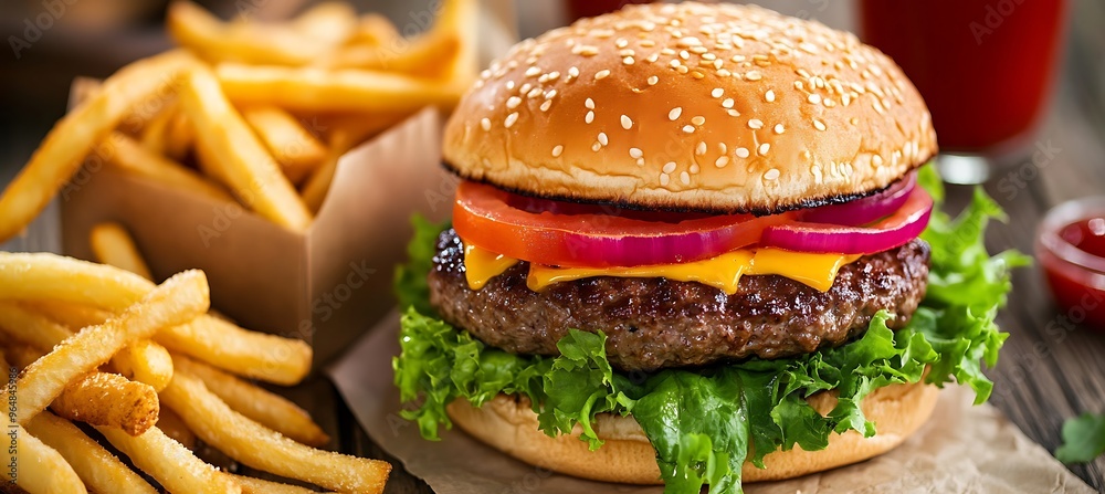 A classic hamburger with lettuce, tomato, and a side of French fries A classic hamburger with lettuce, tomato, and a side of French fries