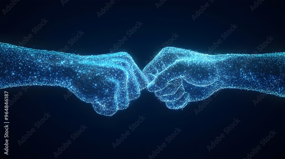 Artistic digital rendition of a fist bump between human forms Artistic digital rendition of a fist bump between human forms
