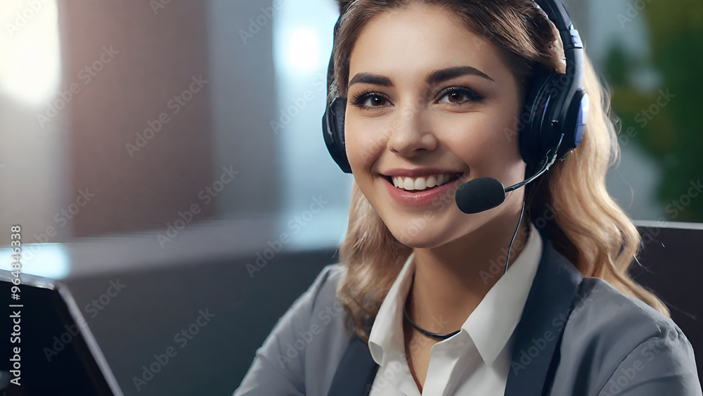 A portrait of a cheerful young woman working as a call center operator A portrait of a cheerful young woman working as a call center operator