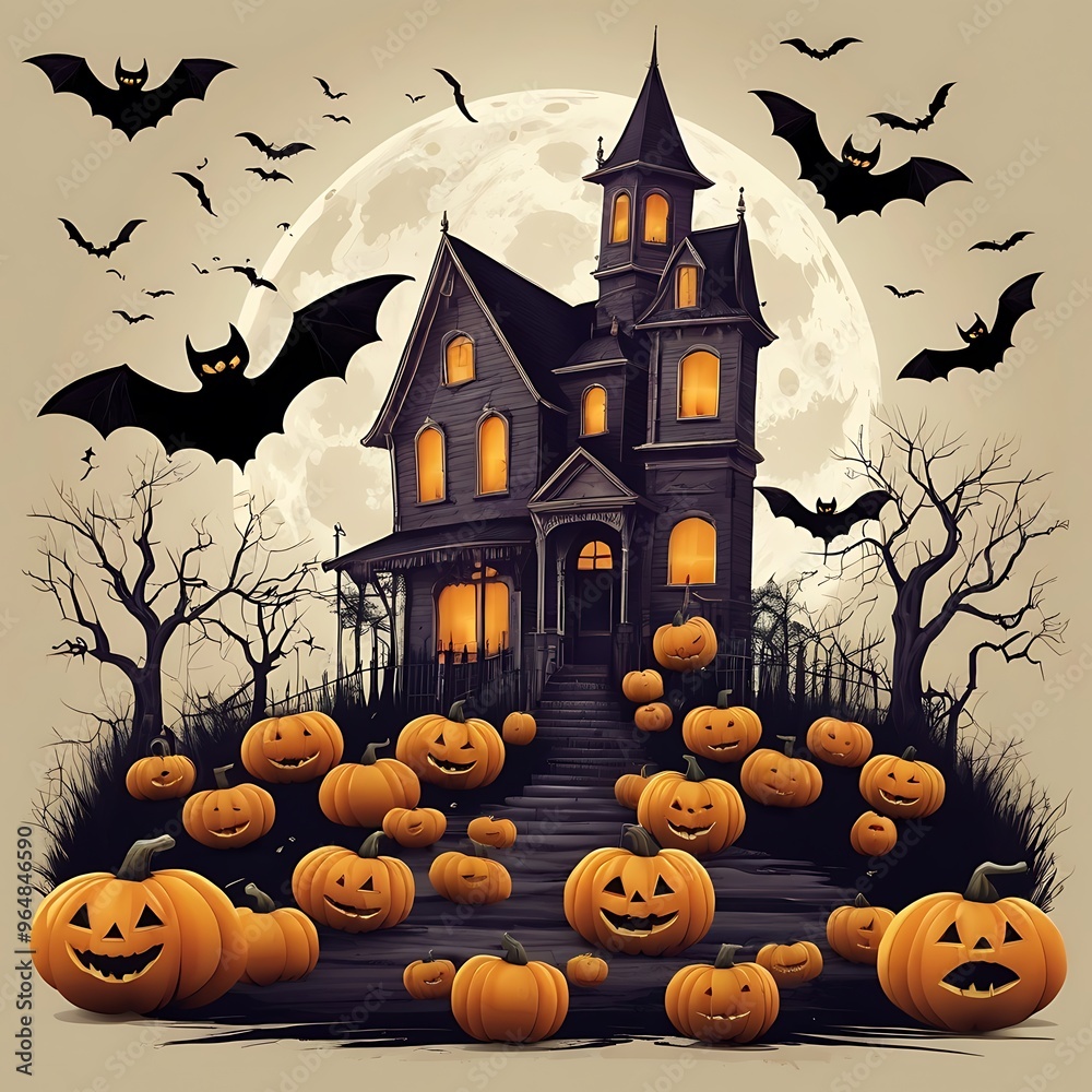 A poster for Halloween with bats and the Haunted House on white background, dark haunted house with illuminated windows at spooky misty dark Halloween night A poster for Halloween with bats and the Haunted House on white background, dark haunted house with illuminated windows at spooky misty dark Halloween night