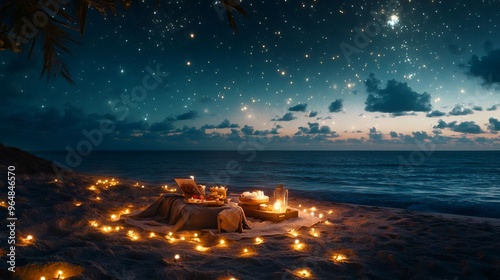 Romantic picnic on the beach with candles and a starry sky.