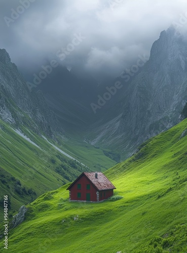 house in the mountains, view on the mountain pics and the fog in the background