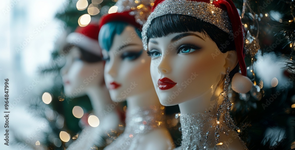 mannequin dolls in elegant festive luxurious evening clothes in a window shop with Christmas decoration and bokeh effects mannequin dolls in elegant festive luxurious evening clothes in a window shop with Christmas decoration and bokeh effects