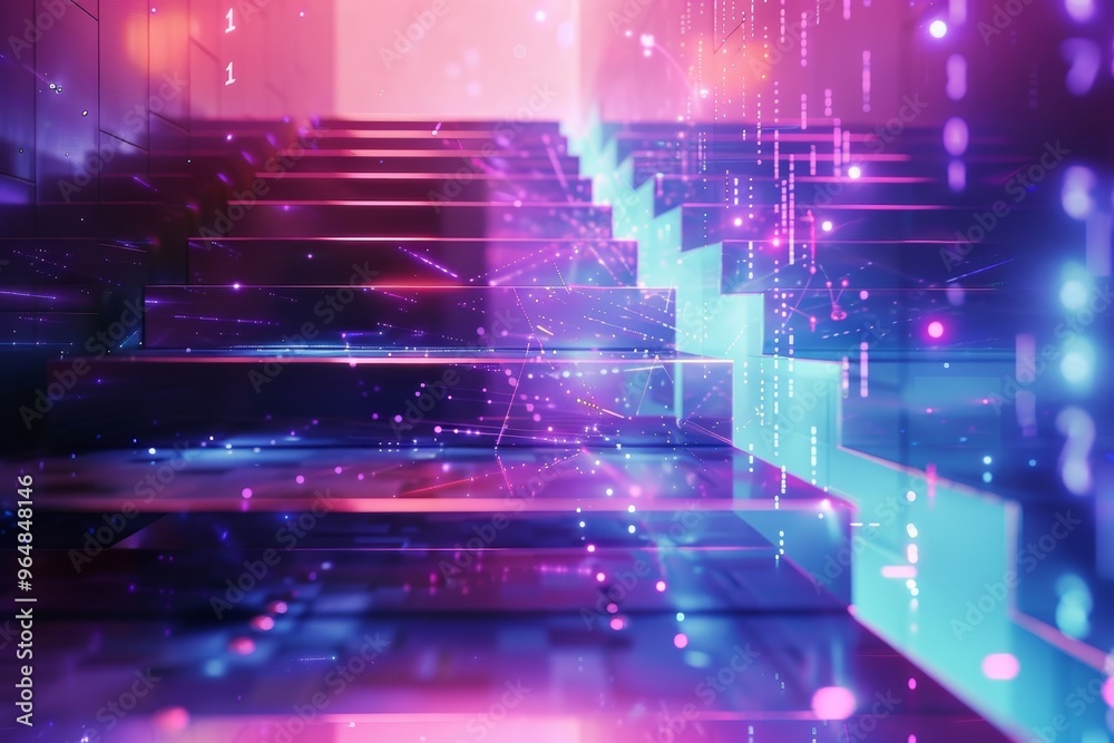 © Tanu - A vibrant stairway glows with colorful lights and digital motifs, creating a futuristic atmosphere that suggests movement and progress in an urban space. © Tanu - A vibrant stairway glows with colorful lights and digital motifs, creating a futuristic atmosphere that suggests movement and progress in an urban space.