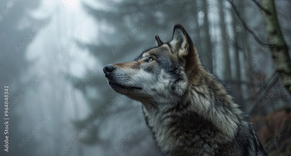 Naklejka premium Gray wild wolf looking up, mystic junglecore, balance, scoutcore wild nature