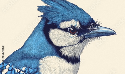 The stunning Blue Jay is often found across several regions and is illustrated in a vintage style with black and white lines photo