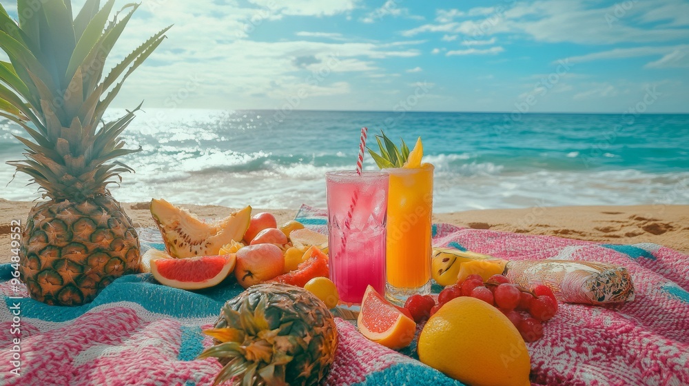Tropical fruits and drinks on a beach blanket with ocean view. Tropical fruits and drinks on a beach blanket with ocean view.